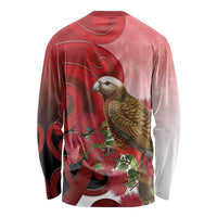 New Zealand Parrot Kaka Long Sleeve Shirt Maori Koru With Pohutukawa Flowers - Polynesian Pride