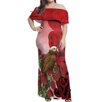 New Zealand Parrot Kaka Off Shoulder Maxi Dress Maori Koru With Pohutukawa Flowers - Polynesian Pride