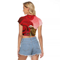 New Zealand Parrot Kaka Raglan Cropped T Shirt Maori Koru With Pohutukawa Flowers - Polynesian Pride