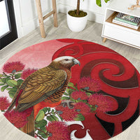 New Zealand Parrot Kaka Round Carpet Maori Koru With Pohutukawa Flowers LT05 Red - Polynesian Pride