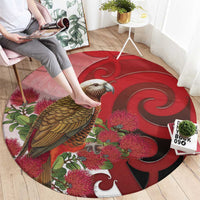 New Zealand Parrot Kaka Round Carpet Maori Koru With Pohutukawa Flowers LT05 - Polynesian Pride