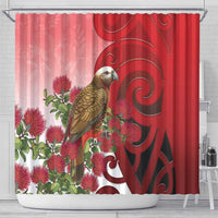 New Zealand Parrot Kaka Shower Curtain Maori Koru With Pohutukawa Flowers - Polynesian Pride