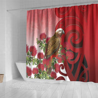 New Zealand Parrot Kaka Shower Curtain Maori Koru With Pohutukawa Flowers - Polynesian Pride