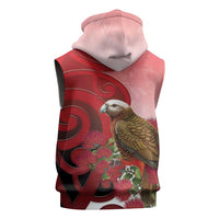 New Zealand Parrot Kaka Sleeveless Hoodie Maori Koru With Pohutukawa Flowers - Polynesian Pride