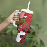 New Zealand Parrot Kaka Tumbler With Handle Maori Koru With Pohutukawa Flowers - Polynesian Pride
