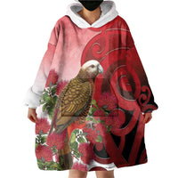 New Zealand Parrot Kaka Wearable Blanket Hoodie Maori Koru With Pohutukawa Flowers - Polynesian Pride