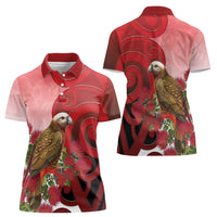 New Zealand Parrot Kaka Women Polo Shirt Maori Koru With Pohutukawa Flowers - Polynesian Pride