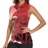 New Zealand Parrot Kaka Women Sleeveless Polo Shirt Maori Koru With Pohutukawa Flowers - Polynesian Pride