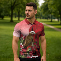 New Zealand Parrot Kaka Zipper Polo Shirt Maori Koru With Pohutukawa Flowers - Polynesian Pride