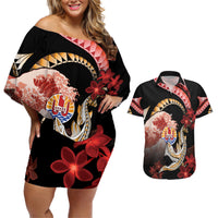 Personalised French Polynesia Victory Day Couples Matching Off Shoulder Short Dress and Hawaiian Shirt Polynesian Pattern Plumeria LT05 Black - Polynesian Pride