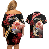 Personalised French Polynesia Victory Day Couples Matching Off Shoulder Short Dress and Hawaiian Shirt Polynesian Pattern Plumeria LT05 - Polynesian Pride
