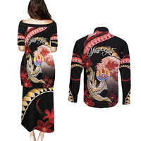 Personalised French Polynesia Victory Day Couples Matching Puletasi and Long Sleeve Button Shirt Polynesian Pattern Plumeria