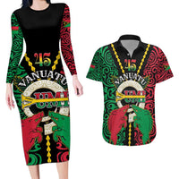 Vanuatu 46th Independence Day Couples Matching Long Sleeve Bodycon Dress and Hawaiian Shirt Long God Yumi Stanap Wild Boar LT05 Black - Polynesian Pride