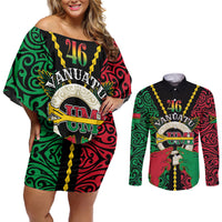 Vanuatu 46th Independence Day Couples Matching Off Shoulder Short Dress and Long Sleeve Button Shirt Long God Yumi Stanap Wild Boar LT05 Black - Polynesian Pride