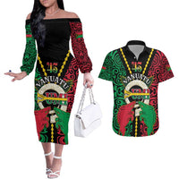 Vanuatu 46th Independence Day Couples Matching Off The Shoulder Long Sleeve Dress and Hawaiian Shirt Long God Yumi Stanap Wild Boar LT05 Black - Polynesian Pride