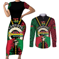 Vanuatu 46th Independence Day Couples Matching Short Sleeve Bodycon Dress and Long Sleeve Button Shirt Long God Yumi Stanap Wild Boar LT05 Black - Polynesian Pride