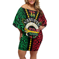 Vanuatu 46th Independence Day Off Shoulder Short Dress Long God Yumi Stanap Wild Boar LT05 Women Black - Polynesian Pride