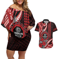 Personalized Hawaii Lahainaluna High School Couples Matching Off Shoulder Short Dress and Hawaiian Shirt Tribal Tattoo With Hibiscus Flowers