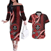 Personalized Hawaii Lahainaluna High School Couples Matching Off The Shoulder Long Sleeve Dress and Hawaiian Shirt Tribal Tattoo With Hibiscus Flowers