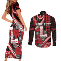 Personalized Hawaii Lahainaluna High School Couples Matching Short Sleeve Bodycon Dress and Long Sleeve Button Shirt Tribal Tattoo With Hibiscus Flowers