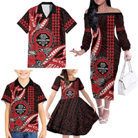 Personalized Hawaii Lahainaluna High School Family Matching Off The Shoulder Long Sleeve Dress and Hawaiian Shirt Tribal Tattoo With Hibiscus Flowers