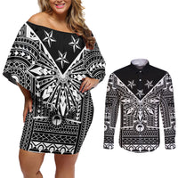 Black Philippines Sun Star Couples Matching Off Shoulder Short Dress and Long Sleeve Button Shirt Igorot Tribal Inspiration LT05 Black - Polynesian Pride