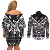 Black Philippines Sun Star Couples Matching Off Shoulder Short Dress and Long Sleeve Button Shirt Igorot Tribal Inspiration LT05 - Polynesian Pride