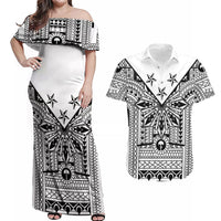 White Philippines Sun Star Couples Matching Off Shoulder Maxi Dress and Hawaiian Shirt Igorot Tribal Inspiration LT05 White - Polynesian Pride