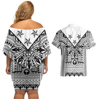White Philippines Sun Star Couples Matching Off Shoulder Short Dress and Hawaiian Shirt Igorot Tribal Inspiration