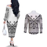 White Philippines Sun Star Couples Matching Off The Shoulder Long Sleeve Dress and Long Sleeve Button Shirt Igorot Tribal Inspiration