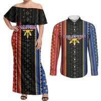 Personalised Philippines Filipinos Couples Matching Off Shoulder Maxi Dress and Long Sleeve Button Shirt Igorot Tribal Inspiration Pattern Style LT05 Black - Polynesian Pride