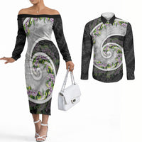 Piko Hawaii Couples Matching Off The Shoulder Long Sleeve Dress and Long Sleeve Button Shirt Polynesian Pattern With Maile Pikake Honohono Lei LT05 Black - Polynesian Pride