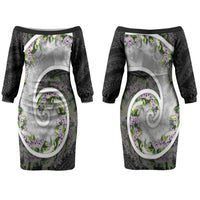 Piko Hawaii Couples Matching Off The Shoulder Long Sleeve Dress and Long Sleeve Button Shirt Polynesian Pattern With Maile Pikake Honohono Lei LT05 - Polynesian Pride