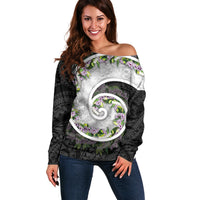 Piko Hawaii Off Shoulder Sweater Polynesian Pattern With Maile Pikake Honohono Lei LT05 Women Black - Polynesian Pride