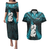 New Zealand Couples Matching Puletasi Dress and Hawaiian Shirt Manaia Maori Pattern With Turquoise Fern LT05 Turquoise - Polynesian Pride