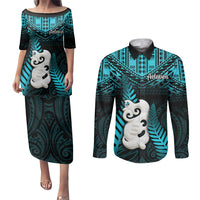 New Zealand Couples Matching Puletasi Dress and Long Sleeve Button Shirts Manaia Maori Pattern With Turquoise Fern LT05 Turquoise - Polynesian Pride
