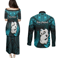 New Zealand Couples Matching Puletasi Dress and Long Sleeve Button Shirts Manaia Maori Pattern With Turquoise Fern LT05 - Polynesian Pride