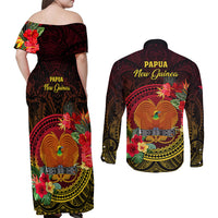 Papua New Guinea Couples Matching Off Shoulder Maxi Dress and Long Sleeve Button Shirts Coat Of Arms Tropical Flowers Polynesian Pattern LT05 - Polynesian Pride