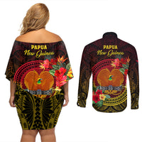 Papua New Guinea Couples Matching Off Shoulder Short Dress and Long Sleeve Button Shirts Coat Of Arms Tropical Flowers Polynesian Pattern LT05 - Polynesian Pride