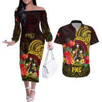 Papua New Guinea Couples Matching Off The Shoulder Long Sleeve Dress and Hawaiian Shirt Coat Of Arms Tropical Flowers Polynesian Pattern LT05 Yellow - Polynesian Pride