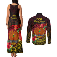 Papua New Guinea Couples Matching Tank Maxi Dress and Long Sleeve Button Shirts Coat Of Arms Tropical Flowers Polynesian Pattern LT05 - Polynesian Pride