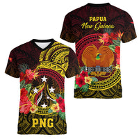 Papua New Guinea Women V Neck T Shirt Coat Of Arms Tropical Flowers Polynesian Pattern LT05 - Polynesian Pride
