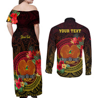 Personalized Papua New Guinea Couples Matching Off Shoulder Maxi Dress and Long Sleeve Button Shirts Coat Of Arms Tropical Flowers Polynesian Pattern LT05 - Polynesian Pride