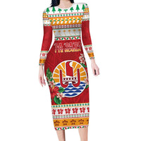 French Polynesia Christmas Long Sleeve Bodycon Dress Coat Of Arms Merry Xmas