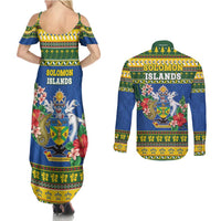 Solomon Islands Christmas Couples Matching Summer Maxi Dress and Long Sleeve Button Shirt Coat Of Arms Merry Xmas
