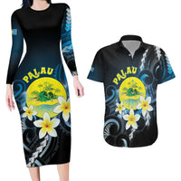 Palau United Nations Day Couples Matching Long Sleeve Bodycon Dress and Hawaiian Shirt Polynesian Curves Plumeria - Polynesian Pride