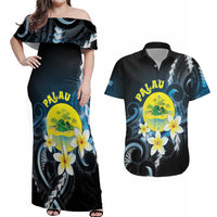 Palau United Nations Day Couples Matching Off Shoulder Maxi Dress and Hawaiian Shirt Polynesian Curves Plumeria - Polynesian Pride