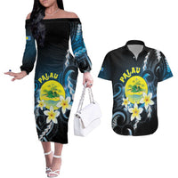 Palau United Nations Day Couples Matching Off The Shoulder Long Sleeve Dress and Hawaiian Shirt Polynesian Curves Plumeria - Polynesian Pride