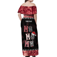 Personalised New Zealand Tiki Christmas Off Shoulder Maxi Dress Ho Ho Ho Paua Shell Glitter Red