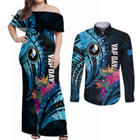 Personalised FSM Yap State Day Couples Matching Off Shoulder Maxi Dress and Long Sleeve Button Shirt Tropical Flowers Tribal Pattern LT05 Blue - Polynesian Pride